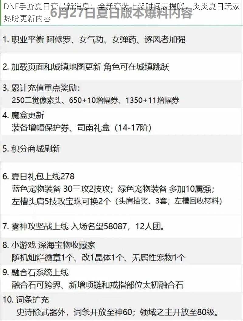 DNF手游夏日套最新消息：全新套装上架时间表揭晓，炎炎夏日玩家热盼更新内容