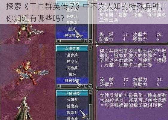 探索《三国群英传 7》中不为人知的特殊兵种，你知道有哪些吗？