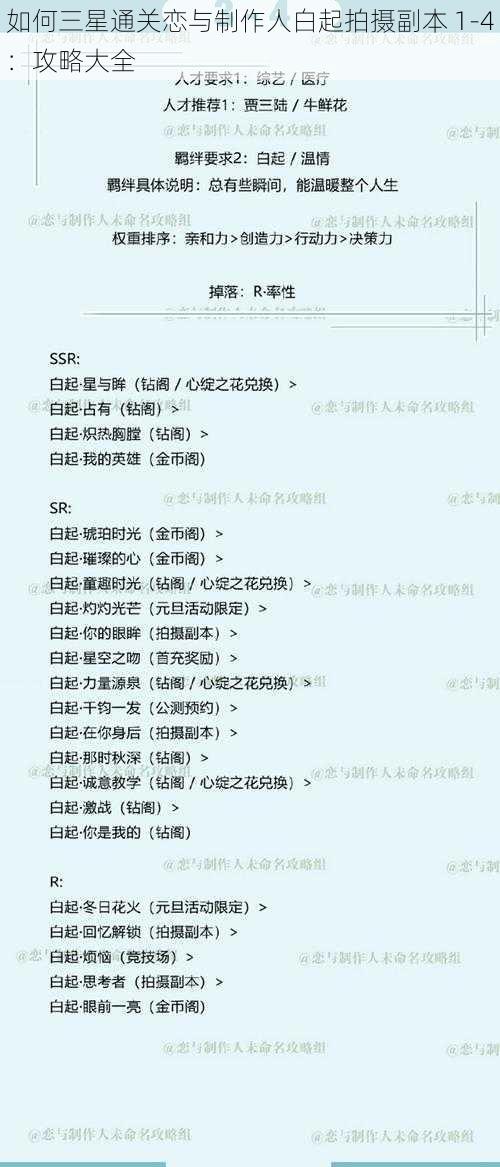 如何三星通关恋与制作人白起拍摄副本 1-4：攻略大全